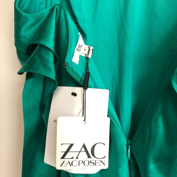 NWT Zac Posen Green emerald satin ruffle long dress - Picture 6 of 7